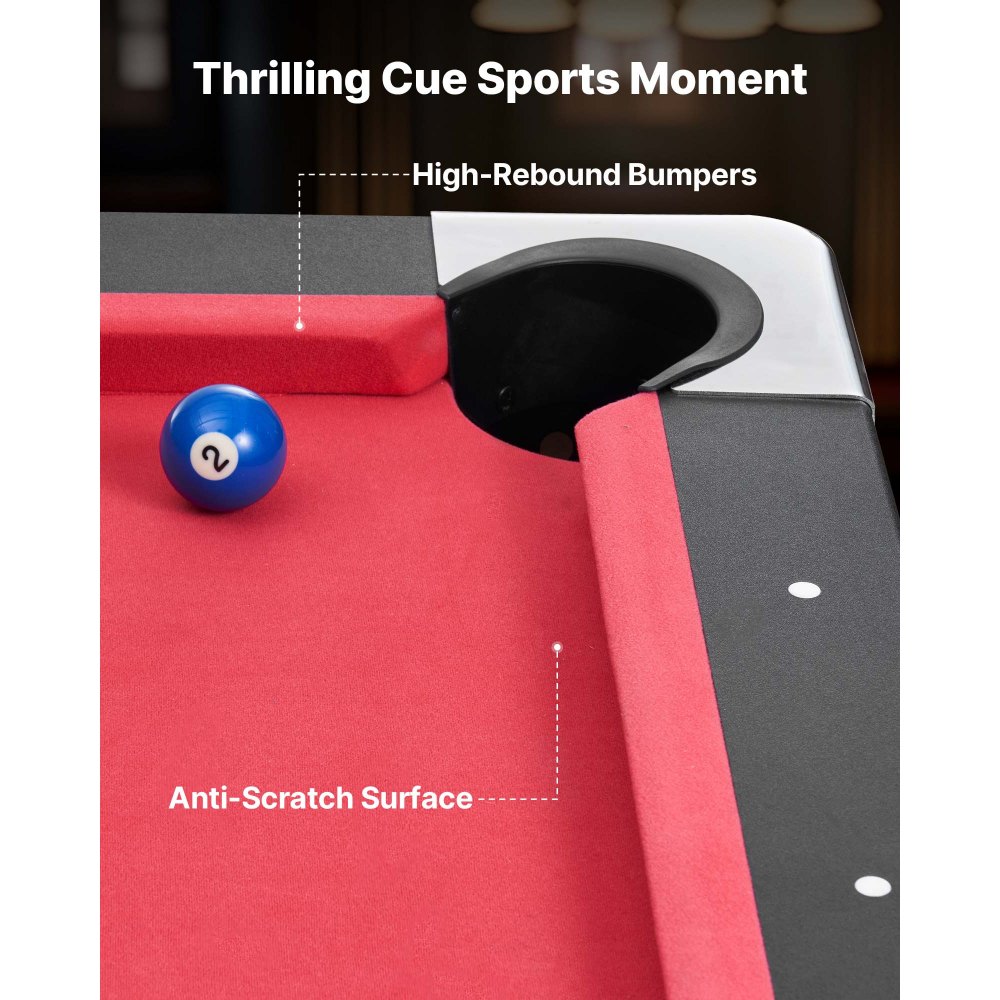 VEVOR Set Tavolo da Biliardo Pieghevole, 183 cm con Finitura in Legno, Portatile Tavolo da Gioco con Piedini Regolabili, Set Completo con Palline, Stecche, Rastrelliera, Gesso, Nero con Panno Rosso