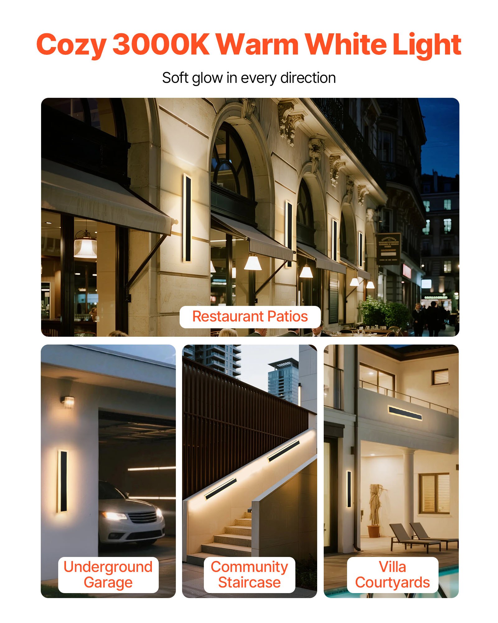 VEVOR Outdoor Wall Light, 600 mm, Long Strip Modern Exterior Wall Sconce Light Fixtures, 3000K Warm White, IP65 Waterproof, Anti-Rust Outside Patio Wall Mount Lighting, for House, Porch, Garage