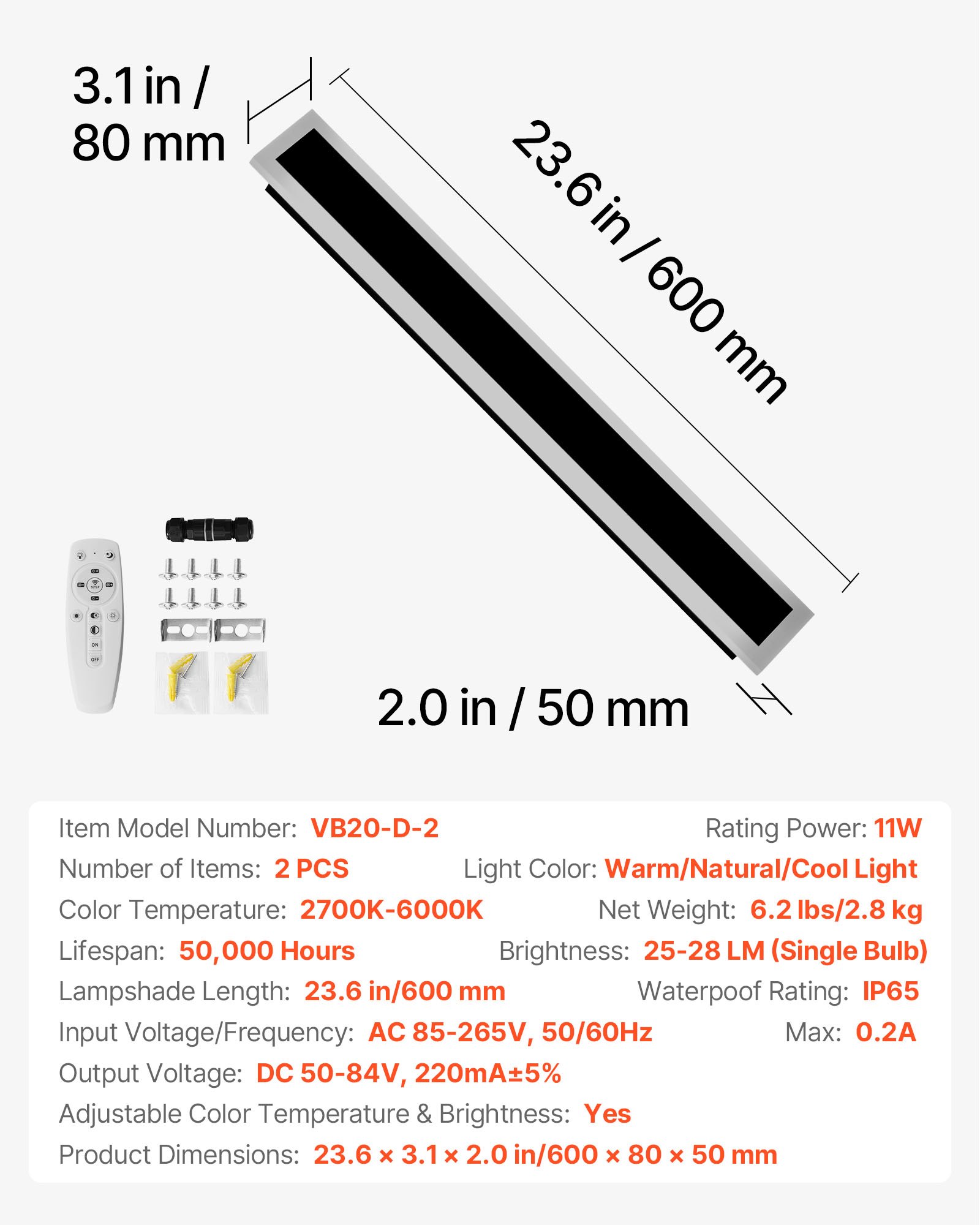 VEVOR Applique da Parete per Esterni, 11 W, 2 Pezzi, Applique da Parete a LED Moderne da 600 mm, Regolabili 2700 K-6000 K, IP65 Impermeabile, Luce Multi Direzionale, per Veranda, Garage