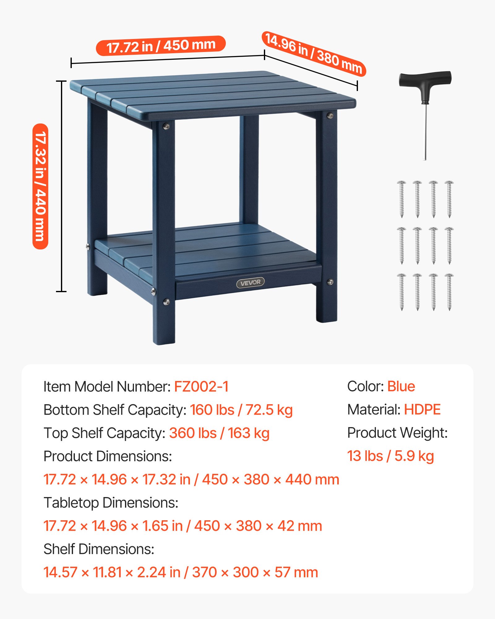 VEVOR Outdoor Side Table, 450W x 380D x 440H mm, Double Layer HDPE Outside End Table for Easy Maintenance, Withstand Harsh Weather, Fit for Patio, Pool, Beach, Porch, Indoor, Backyard, Blue