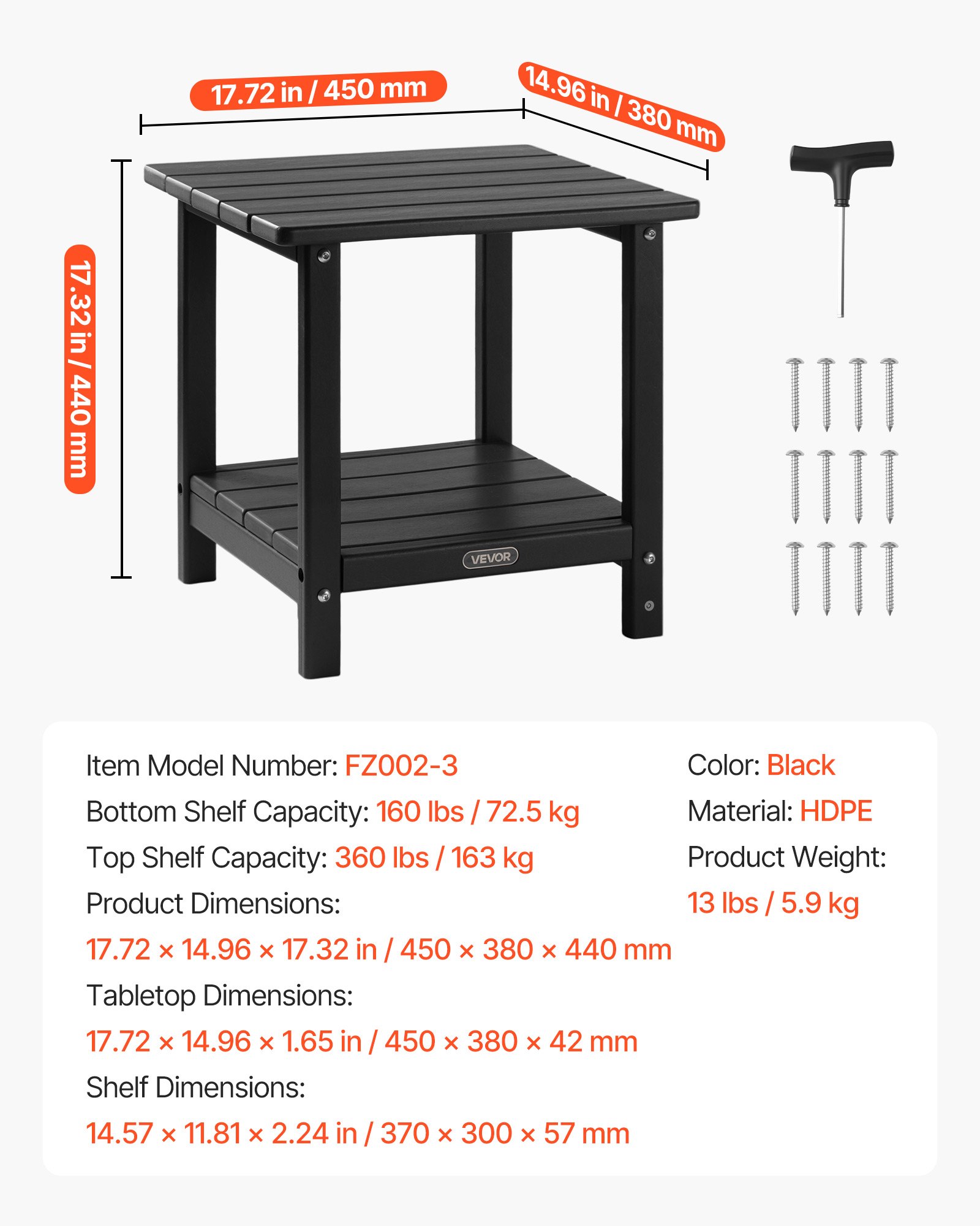 VEVOR Outdoor Side Table, 450W x 380D x 440H mm, Double Layer HDPE Outside End Table for Easy Maintenance, Withstand Harsh Weather, Fit for Patio, Pool, Beach, Porch, Indoor, Backyard, Black