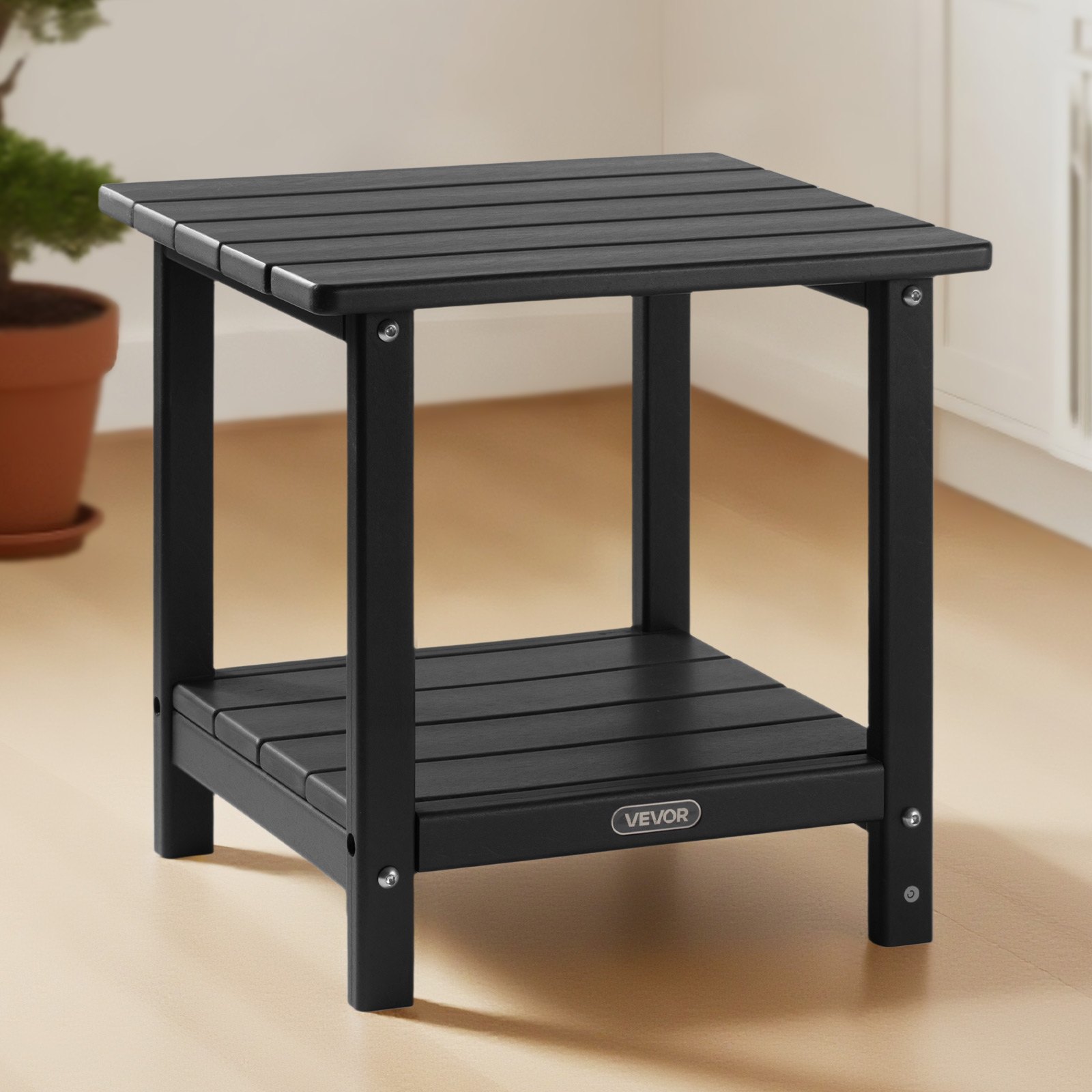 VEVOR Outdoor Side Table, 450W x 380D x 440H mm, Double Layer HDPE Outside End Table for Easy Maintenance, Withstand Harsh Weather, Fit for Patio, Pool, Beach, Porch, Indoor, Backyard, Black