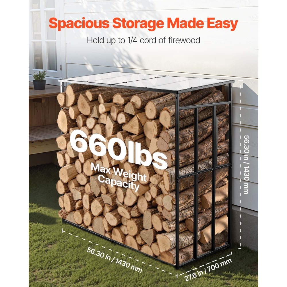 VEVOR Firewood Rack with Sloped Roof, 143cm Outdoor Firewood Holder, 1/4 Cord Log Storage Shed, 299kg Max Weight Capacity, Powder-Coated Metal Wood Storage Rack for Fireplace Deck Backyard Garden