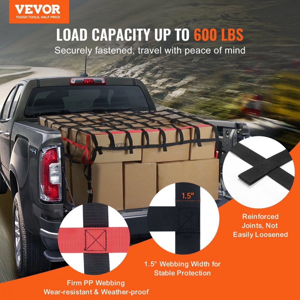 VEVOR Rete di Carico, 2440 x 1830 mm Rete Portacarichi per Camion ad Alta Resistenza per Cassone di Camion, 4 Cinghie Regolabili con Fibbie e Ganci a S, Resistente all'Usura e alle Intemperie, per SUV