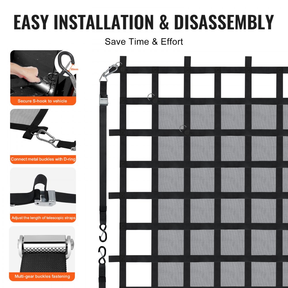 VEVOR Cargo Net, 183 x 145 cm, Truck Bed Net, 4 Adjustable Straps with Carabiners & S-Hooks, Wear-Resistant & Weatherproof Transport Net, Luggage Net Suitable for Pickup, Truck, Jeep, SUV, Boat