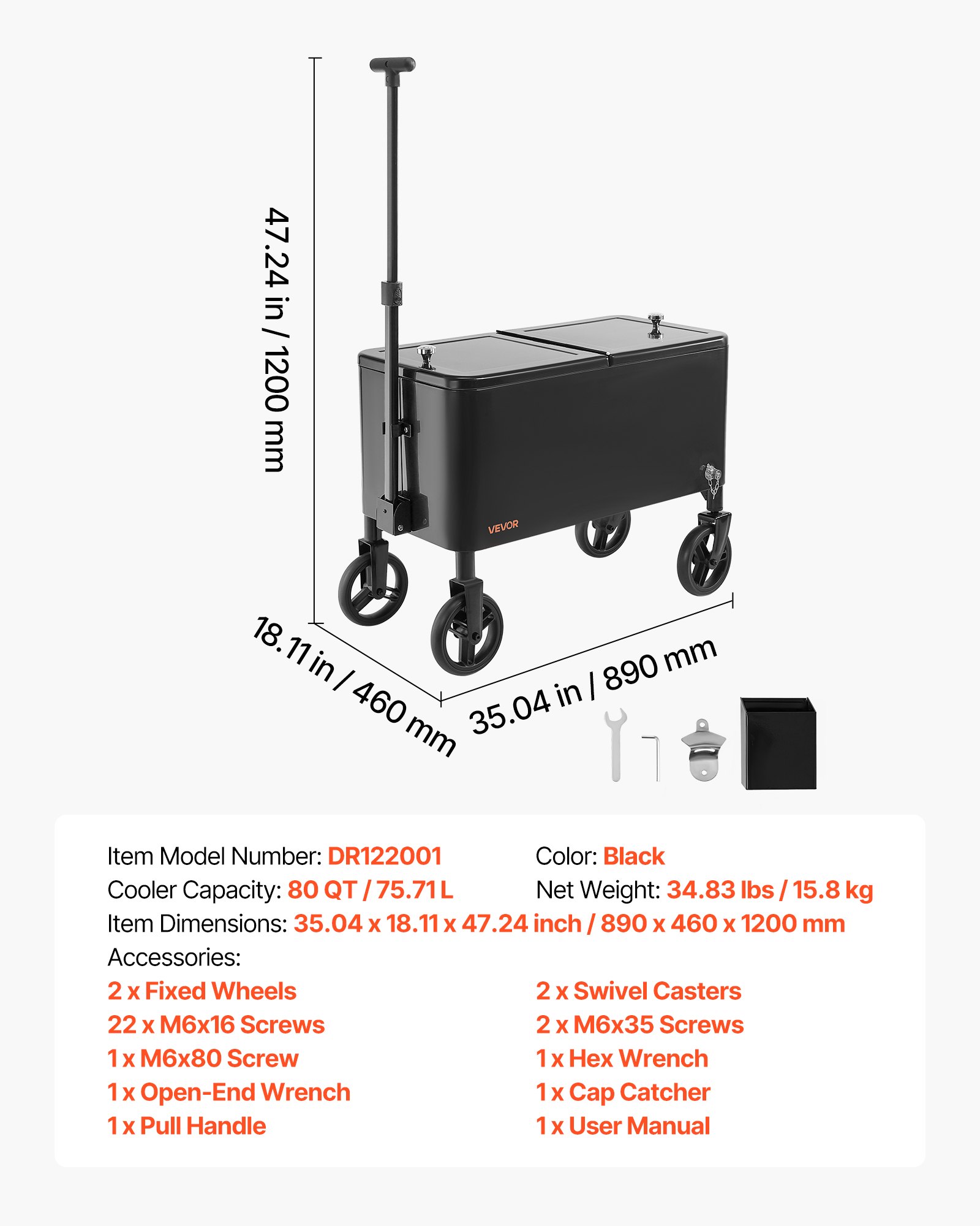 VEVOR Carrello Portaghiaccio, da 75,71 Lcon Ruote, Maniglia Telescopica a 2 Stadi e 2 Ruote Girevoli, Tavolo Portatile per Spiaggia, Patio, Bar, Carrello da Parco all'Aperto su Ruote, Nero