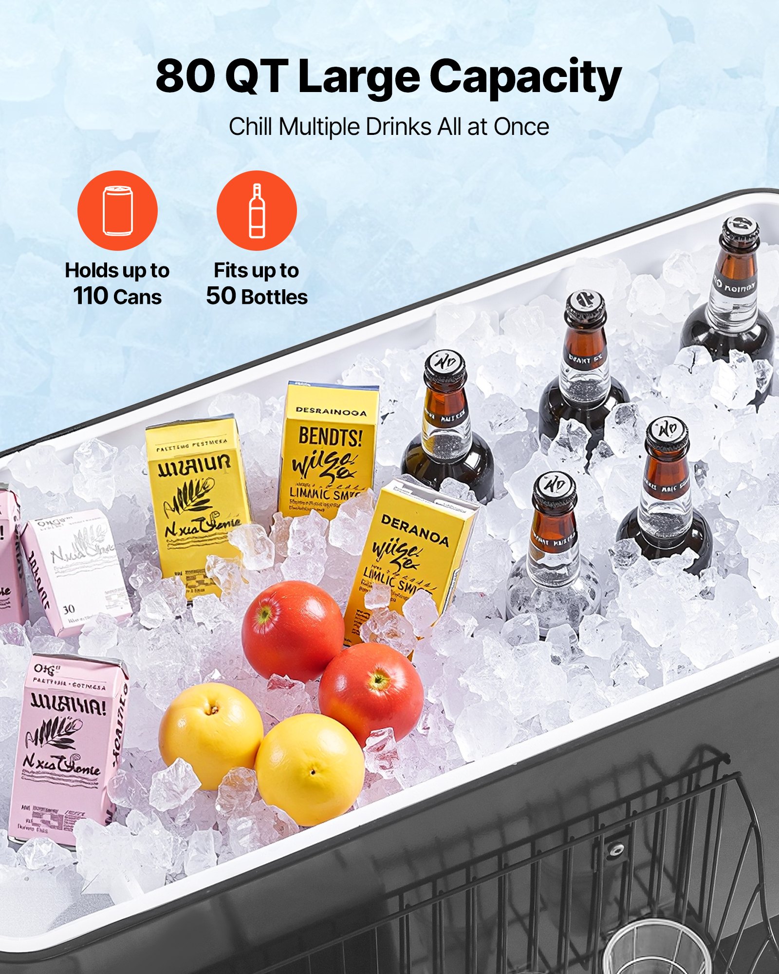 VEVOR Ghiacciaia Mobile da 75,71 L, Può Contenere Fino a 50 Bottiglie/110 Lattine, Carrello Portatile per Bevande da Bar per Feste, Contenitore per Bevande con Cestino Laterale e Apribottiglie, Nero