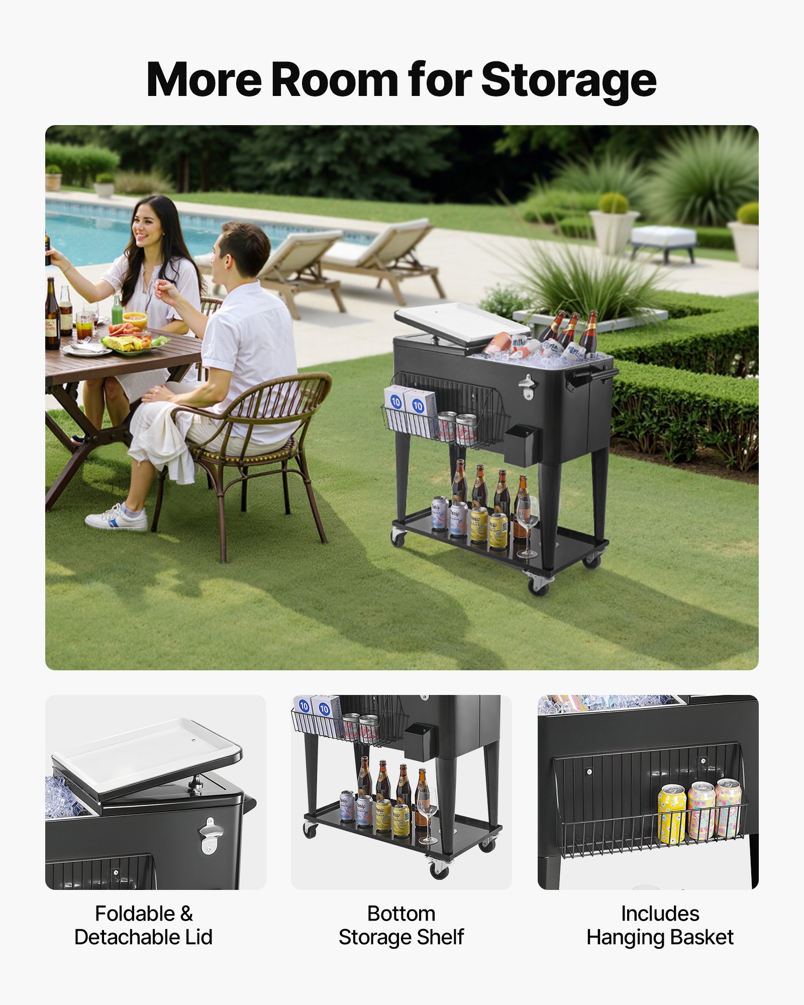 VEVOR 75.71 L Rolling Ice Chest, Holds up to 50 Bottles / 110 Cans, Portable Patio Party Bar Drink Cooler Cart with Bottom Shelf, Beverage Pool with Side Basket and Bottle Opener, Black