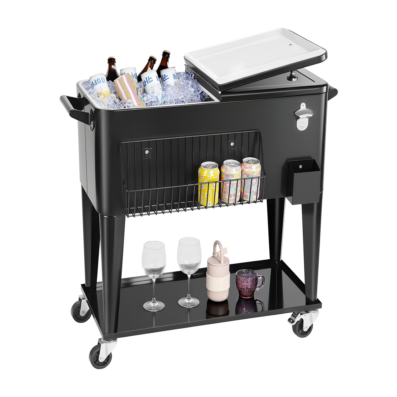 VEVOR 75.71 L Rolling Ice Chest, Holds up to 50 Bottles / 110 Cans, Portable Patio Party Bar Drink Cooler Cart with Bottom Shelf, Beverage Pool with Side Basket and Bottle Opener, Black