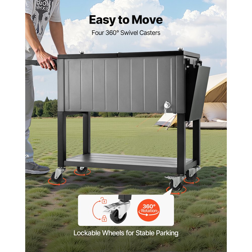 VEVOR Ghiacciaia Mobile da 75,71 L, Può Contenere Fino a 50 Bottiglie/110 Lattine, Carrello Portatile per Bevande da Bar per Feste, per Bevande con Ripiani Inferiore e Laterali Ruote e Apribottiglie