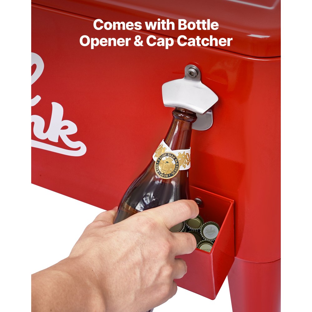 VEVOR Ghiacciaia Mobile da 75,71 L, Può Contenere Fino a 50 Bottiglie/110 Lattine, Carrello Portatile per Bevande da Bar per Feste, per Bevande con 4 Ruote Girevoli 2 con Freni, Apribottiglie Rosso