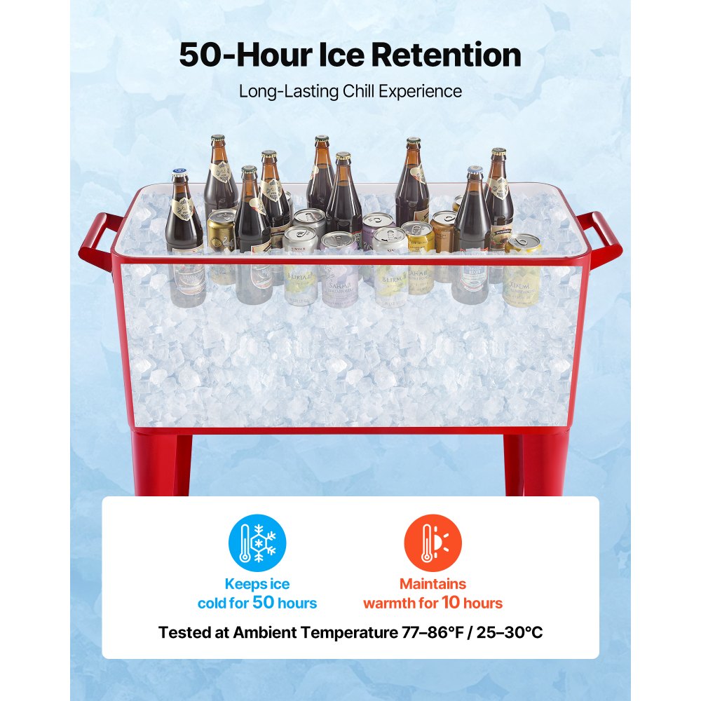 VEVOR Ghiacciaia Mobile da 75,71 L, Può Contenere Fino a 50 Bottiglie/110 Lattine, Carrello Portatile per Bevande da Bar per Feste, per Bevande con 4 Ruote Girevoli 2 con Freni, Apribottiglie Rosso