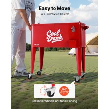 VEVOR Ghiacciaia Mobile da 75,71 L, Può Contenere Fino a 50 Bottiglie/110 Lattine, Carrello Portatile per Bevande da Bar per Feste, per Bevande con 4 Ruote Girevoli 2 con Freni, Apribottiglie Rosso
