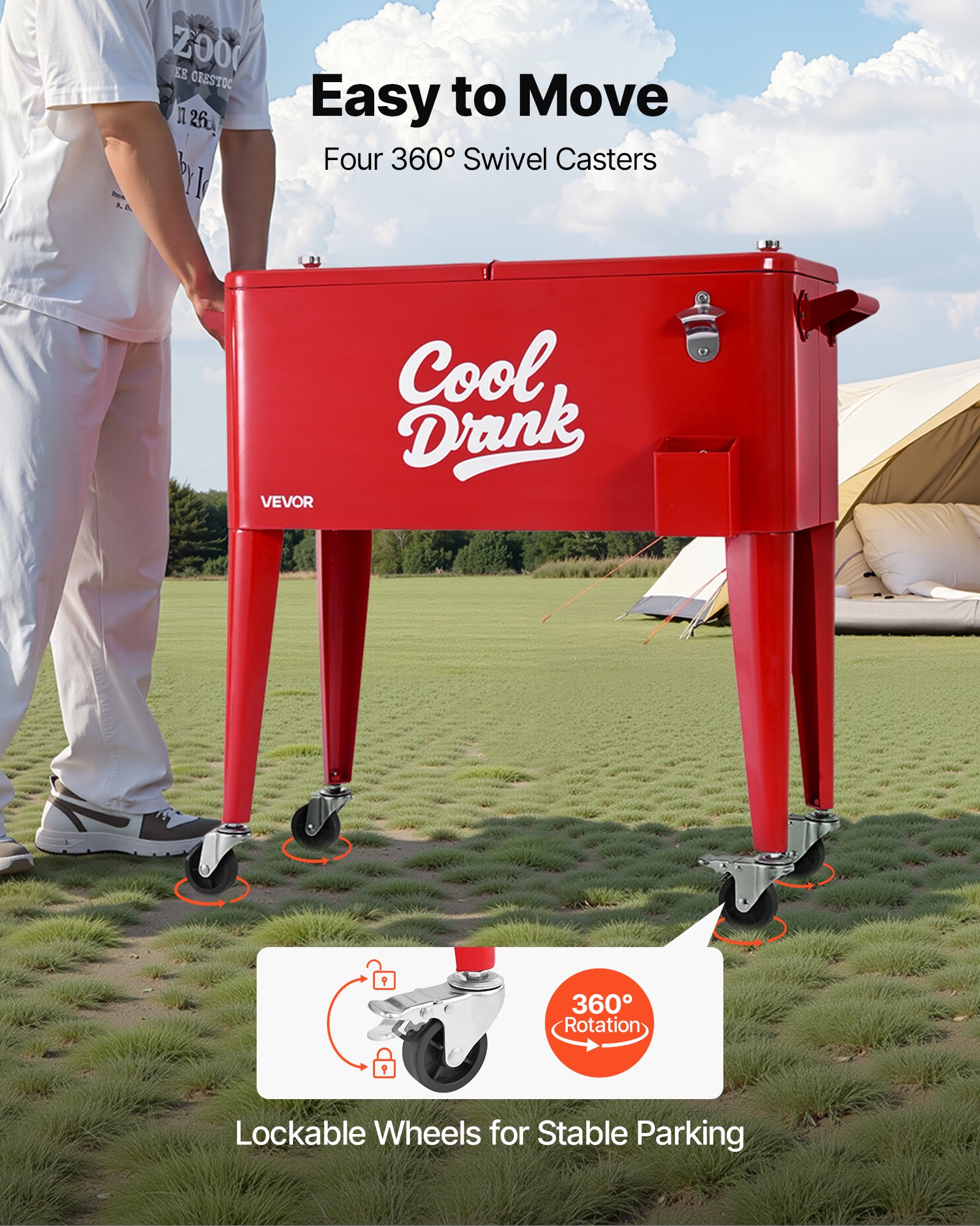 VEVOR 75.71 L Rolling Ice Chest, Holds up to 50 Bottles / 110 Cans, Portable Patio Party Bar Drink Cooler Cart with 4 Swivel Casters (2 with Brakes), Beverage Cooler Trolley with Bottle Opener, Red