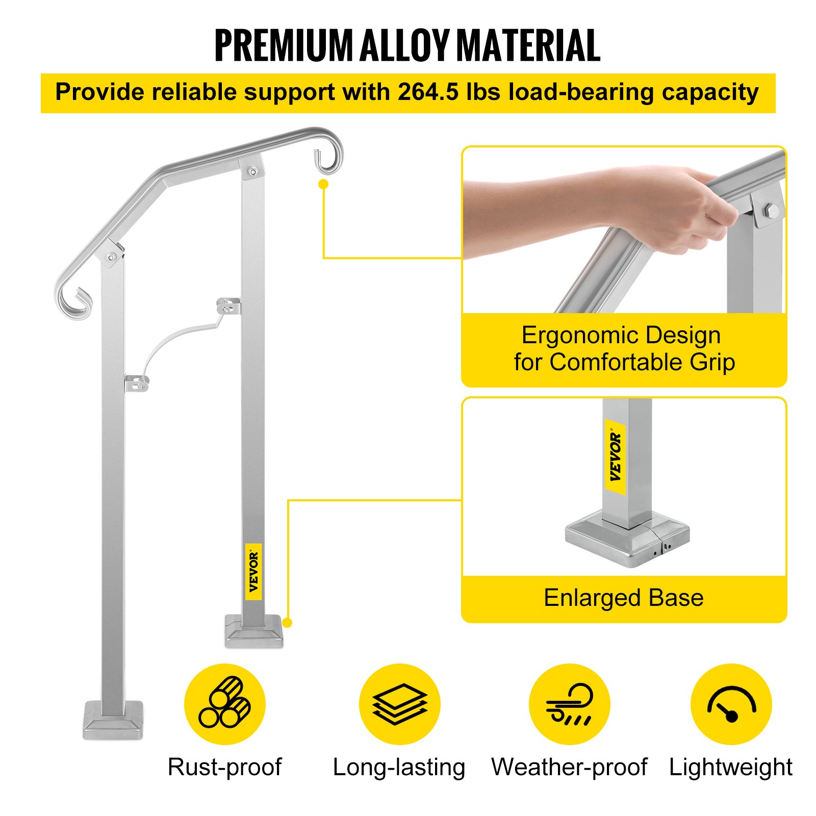 VEVOR Corrimano di Transizione in Lega Colore Argento, Ringhiera per Scale Regolabile Altezza Massima 20 cm, Corrimano per Scale da 1 a 2 Gradini Distanza da 30 cm per Esterno, Altezza Palo da 96 cm