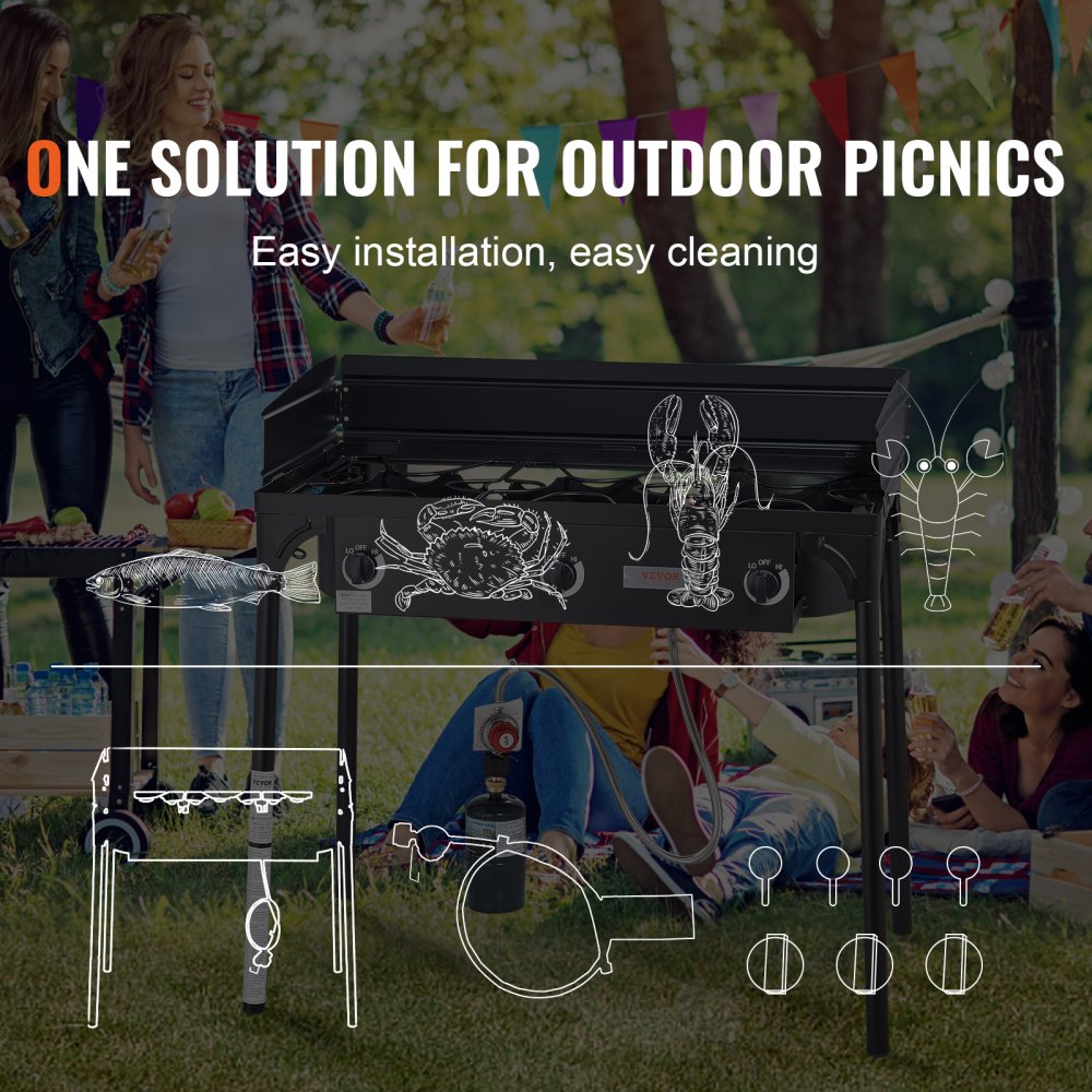 VEVOR Fornello da Campeggio all'Aperto, Fornello a Gas per Cottura Barbecue, Fornello da Campeggio 3 Fuochi 87x45x90 cm, Griglia a Gas da 90000 BTU Uso Esterno per Eventi Feste Carnevale Matrimonio