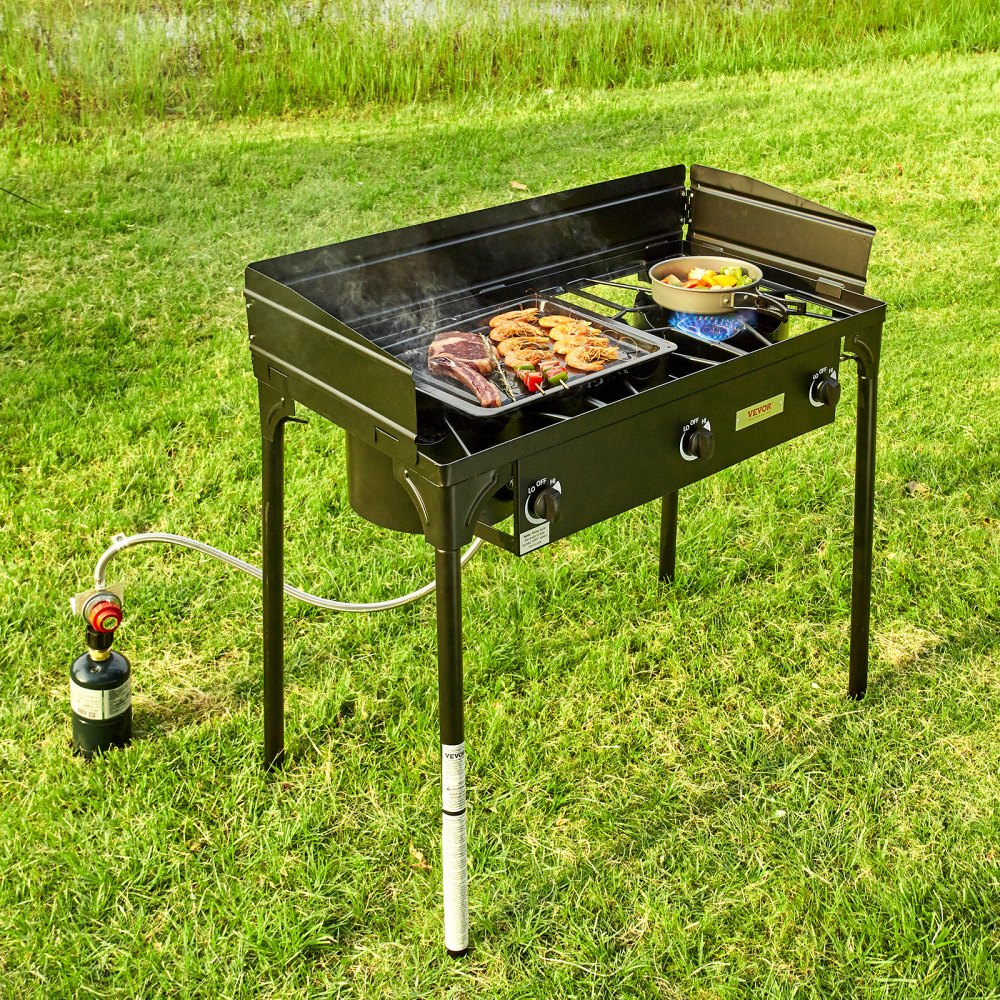 VEVOR Fornello da Campeggio all'Aperto, Fornello a Gas per Cottura Barbecue, Fornello da Campeggio 3 Fuochi 87x45x90 cm, Griglia a Gas da 90000 BTU Uso Esterno per Eventi Feste Carnevale Matrimonio