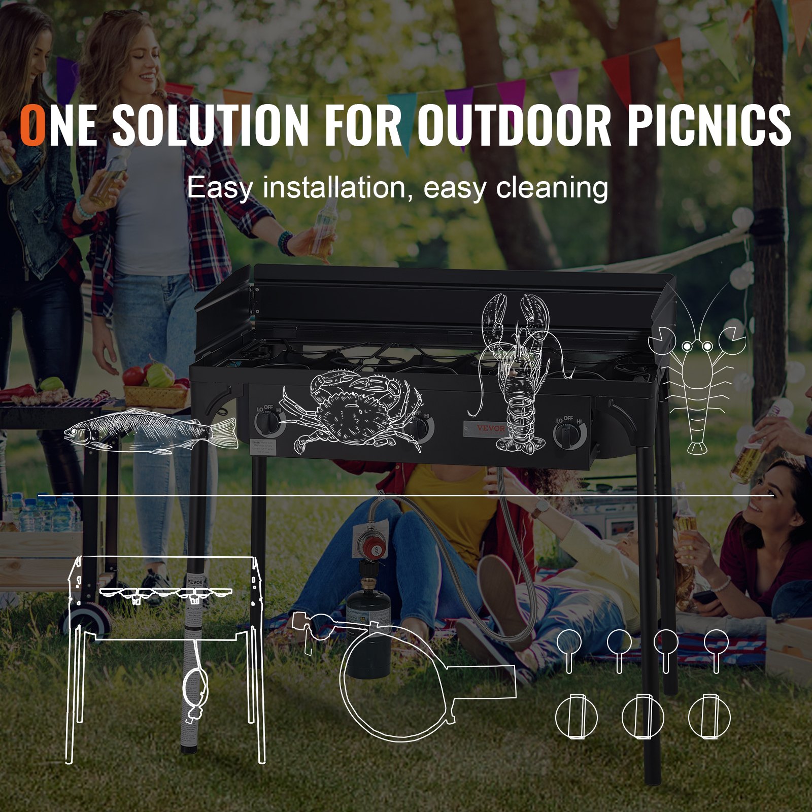 VEVOR Fornello da Campeggio all'Aperto, Fornello a Gas per Cottura Barbecue, Fornello da Campeggio 3 Fuochi 87x45x90 cm, Griglia a Gas da 90000 BTU Uso Esterno per Eventi Feste Carnevale Matrimonio