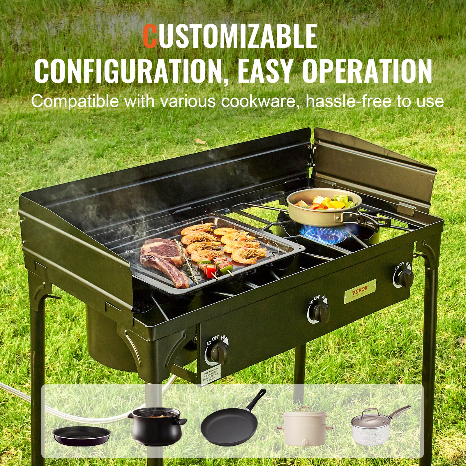 VEVOR Fornello da Campeggio all'Aperto, Fornello a Gas per Cottura Barbecue, Fornello da Campeggio 3 Fuochi 87x45x90 cm, Griglia a Gas da 90000 BTU Uso Esterno per Eventi Feste Carnevale Matrimonio