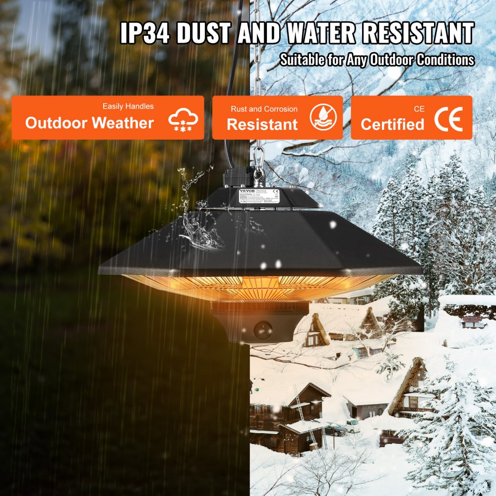 VEVOR Riscaldatore da Esterno Sospeso 2000 W Riscaldatore Elettrico a Infrarossi per Interni Esterni con Telecomando, Protezione IP34 Riscaldatore da Soffitto con Corda e Catena Regolabile, per Patio