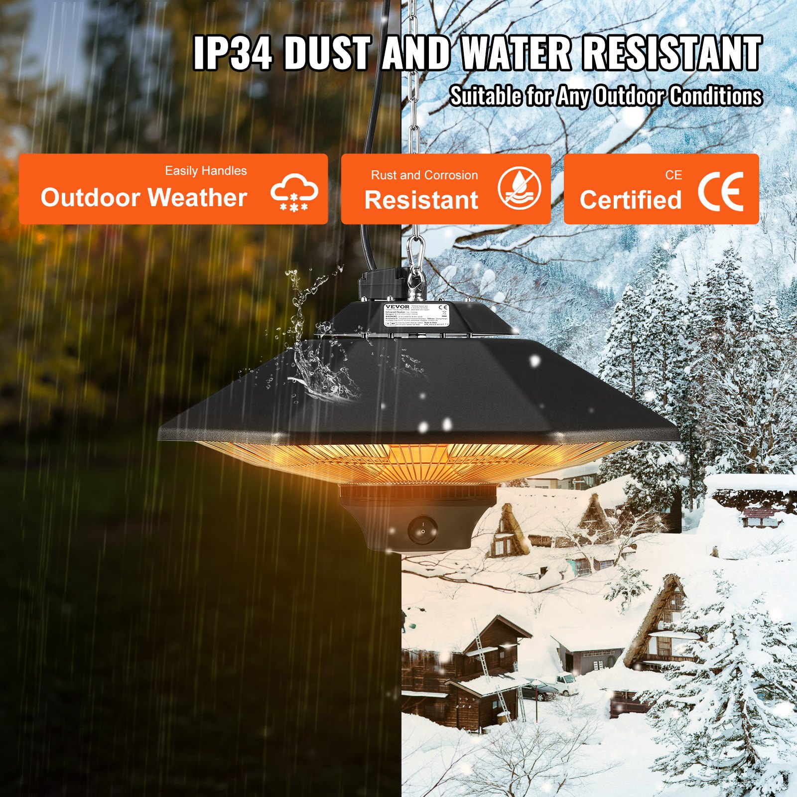 VEVOR Riscaldatore da Esterno Sospeso 2000 W Riscaldatore Elettrico a Infrarossi per Interni Esterni con Telecomando, Protezione IP34 Riscaldatore da Soffitto con Corda e Catena Regolabile, per Patio