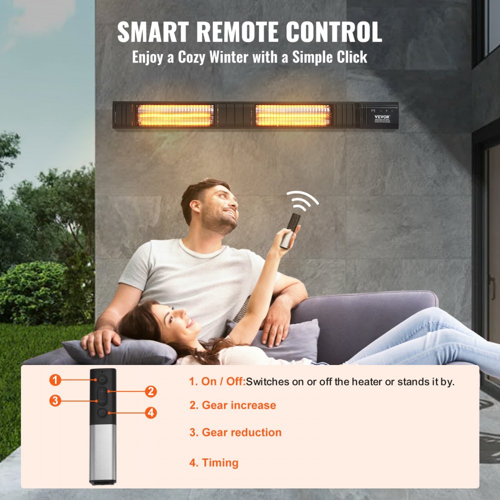 VEVOR Riscaldatore a Infrarossi 3000 W Riscaldatore Elettrico a Infrarossi per Ambienti con Telecomando, Protezione IP65 con 9 Velocità e Temporizzatore, per Portico, Cortile, Montaggio a Parete