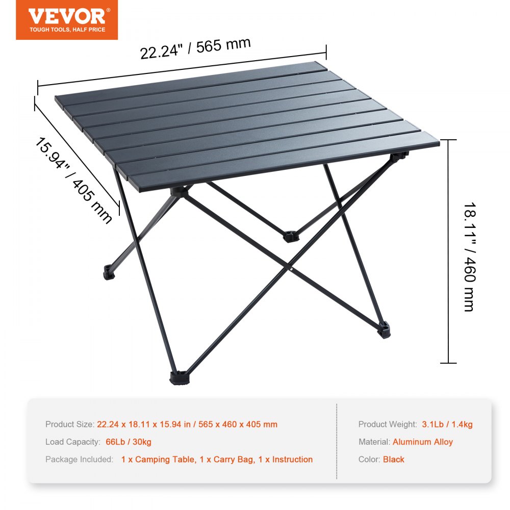 VEVOR Folding Camping Table 565x460x405 mm, Collapsible Garden Table, Balcony Table, Multi-Purpose Table, 30 kg Load Capacity, Aluminum Alloy Camping Table, Folding Table, High Temperature Resistant, Portable