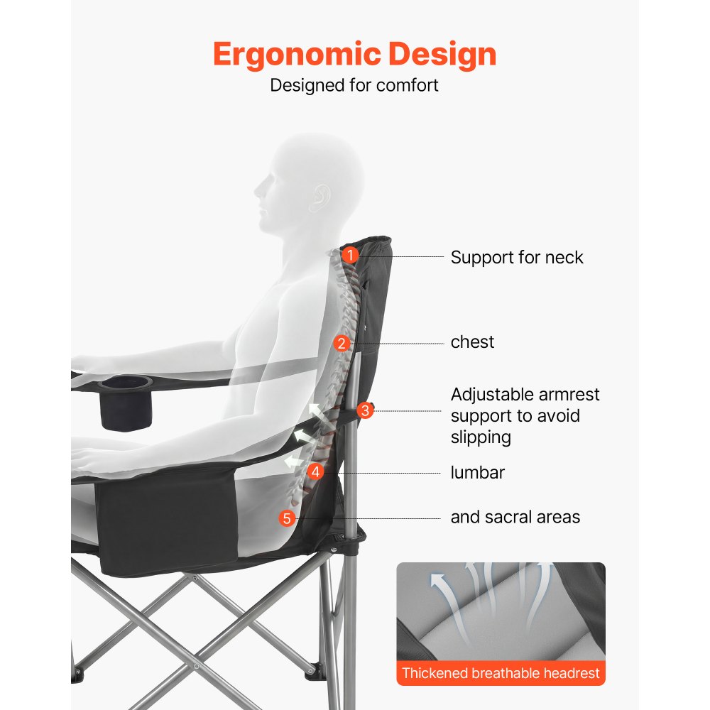 VEVOR Folding Chair with Cup Holders & Armrests, 158 kg Load Capacity, Angler's Chair, Foldable Fishing Chair, Black, incl. Carry Bag, Camping Chair, Outdoor Director's Chair, Portable