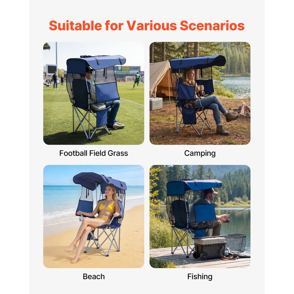 VEVOR Sedia da Campeggio Pieghevole con Tettuccio da Esterno, Sedia Pieghevole per Attività all'Aperto Viaggio Spiaggia Pesca Escursionismo Carico max. 150 kg, Portabicchieri, Colore Blu Scuro