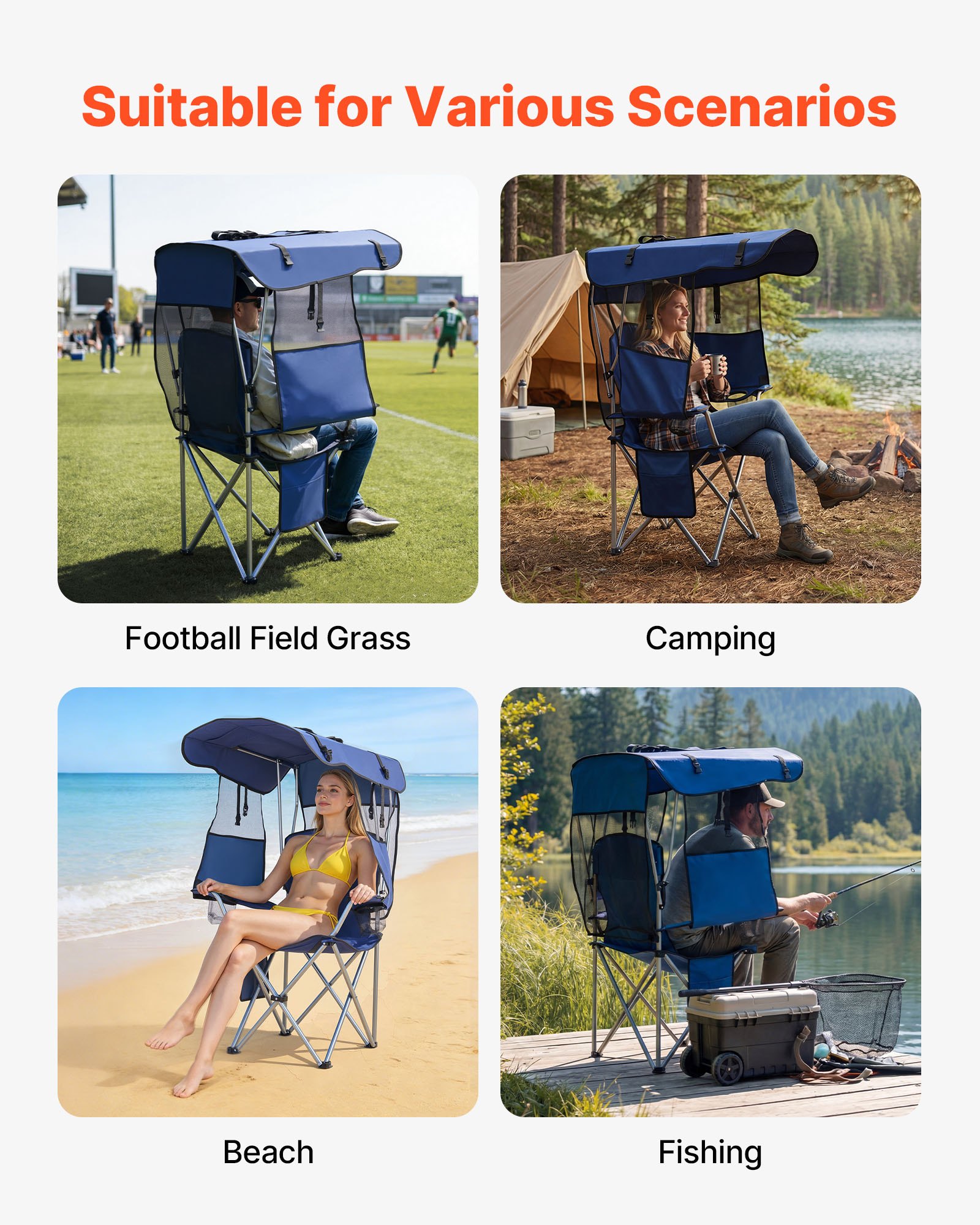 VEVOR Sedia da Campeggio Pieghevole con Tettuccio da Esterno, Sedia Pieghevole per Attività all'Aperto Viaggio Spiaggia Pesca Escursionismo Carico max. 150 kg, Portabicchieri, Colore Blu Scuro