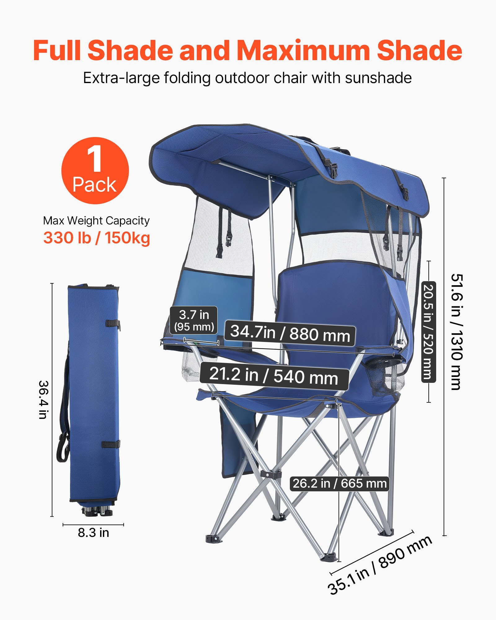 VEVOR Sedia da Campeggio Pieghevole con Tettuccio da Esterno, Sedia Pieghevole per Attività all'Aperto Viaggio Spiaggia Pesca Escursionismo Carico max. 150 kg, Portabicchieri, Colore Blu Scuro