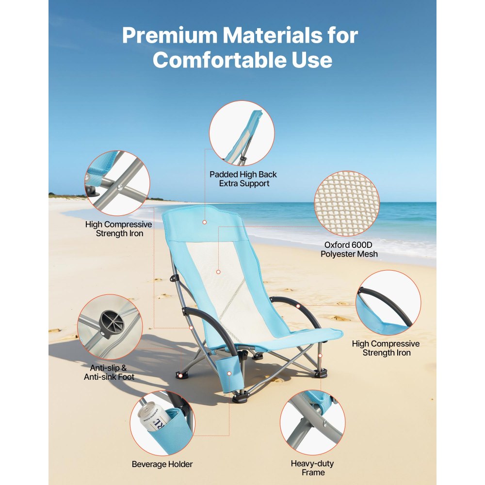 VEVOR Sedia da Campeggio Pieghevole Portatile con Schienale Alto Carico max. 150 kg, Sedia Pieghevole da Spiaggia Campeggio Picnic Pesca Attività all'Aperto, Portabicchieri, Colore Azzurro