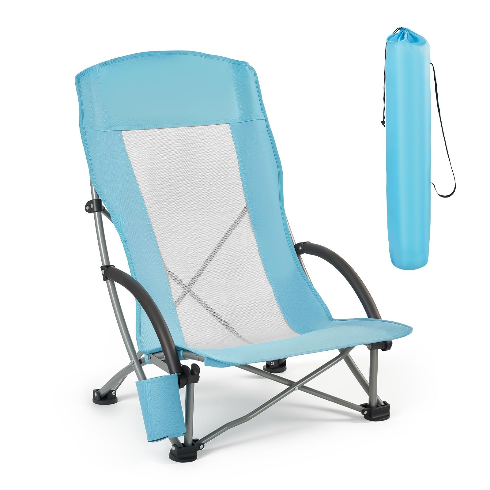 VEVOR Sedia da Campeggio Pieghevole Portatile con Schienale Alto Carico max. 150 kg, Sedia Pieghevole da Spiaggia Campeggio Picnic Pesca Attività all'Aperto, Portabicchieri, Colore Azzurro