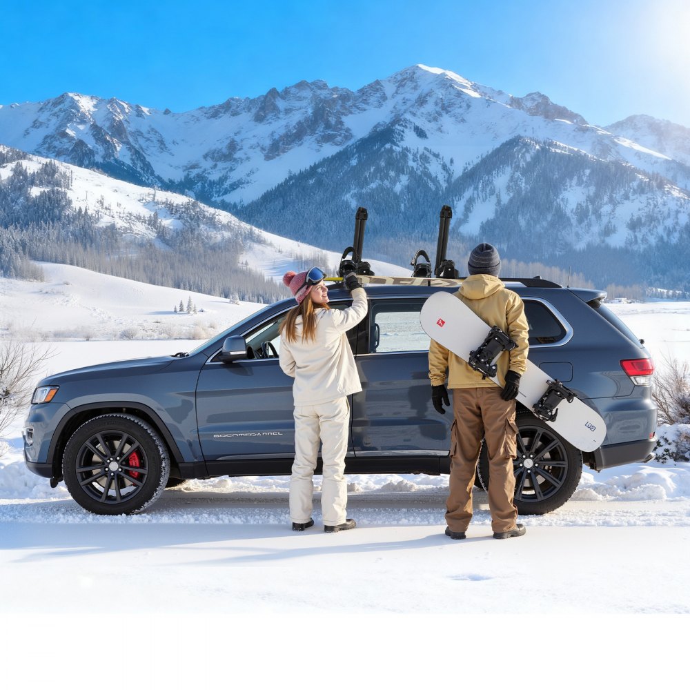 VEVOR Portasci e Snowboard, Porta Fino a 4 Paia di Sci o 2 Snowboard, 2 Supporti Universali in Alluminio per Portapacchi Auto con Serratura e Imbottitura in Gomma, Portacanna da Pesca