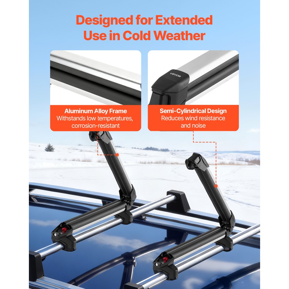 VEVOR Portasci e Snowboard, Porta Fino a 4 Paia di Sci o 2 Snowboard, 2 Supporti Universali in Alluminio per Portapacchi Auto con Serratura e Imbottitura in Gomma, Portacanna da Pesca