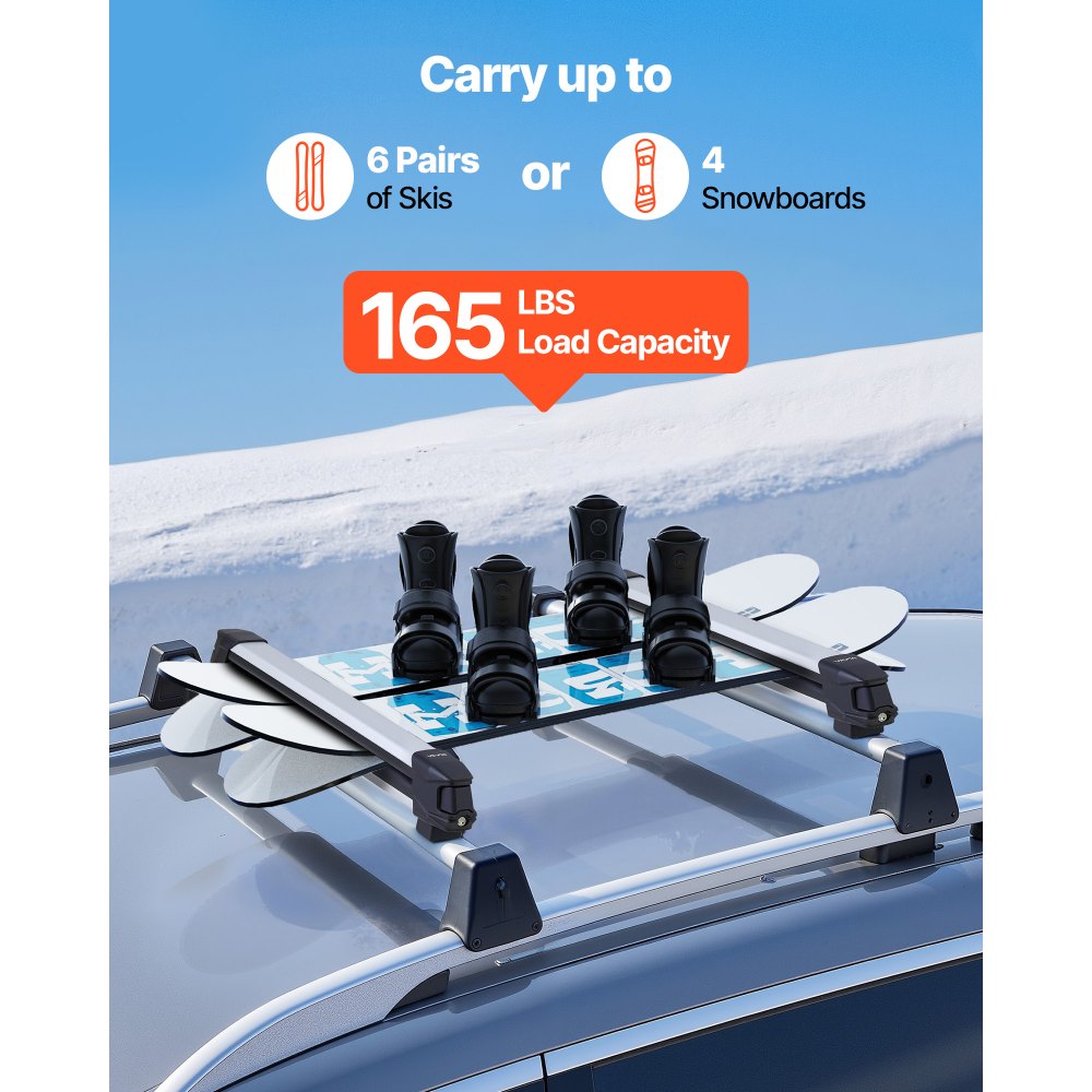 VEVOR Portasci e Snowboard, Portasci per Tetto Auto Scanalatura a T Porta 6 Paia di Sci o 2 Snowboard, 2 Supporti Universali in Alluminio per Portapacchi Auto con Serratura e Imbottitura in Gomma