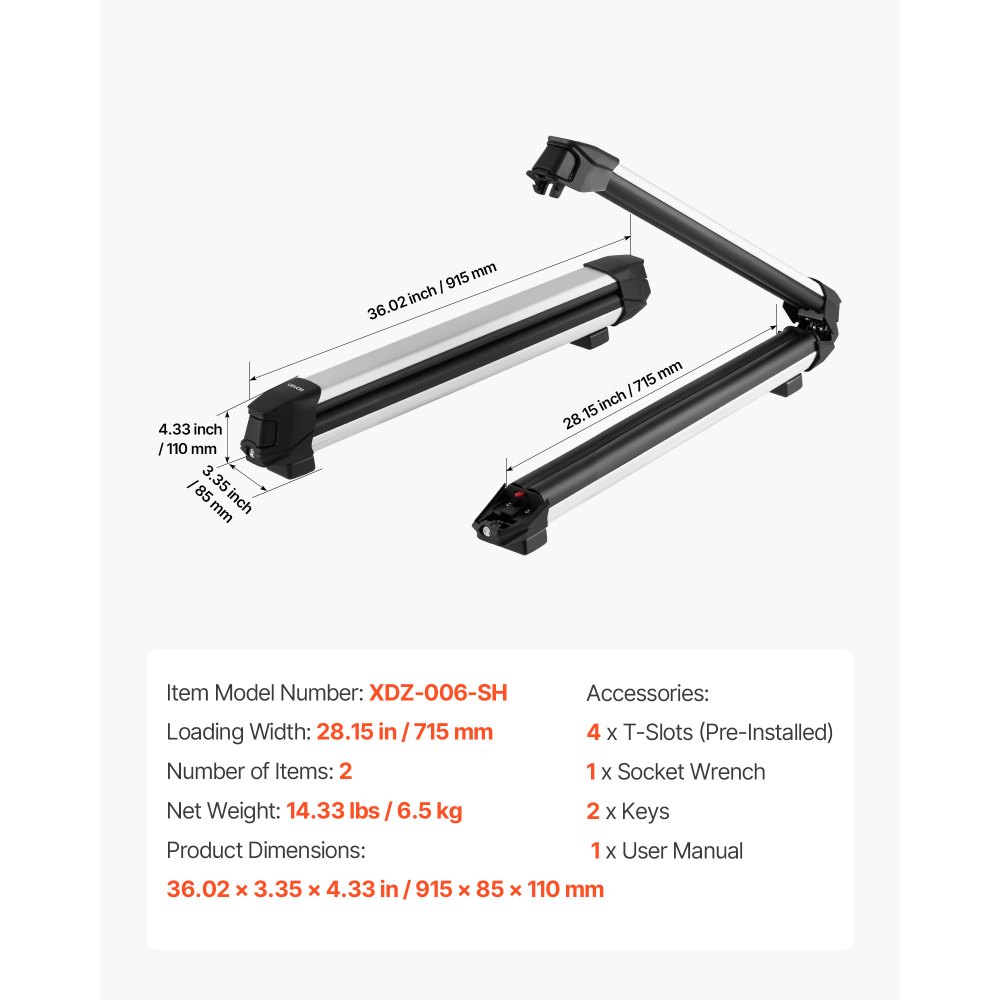 VEVOR Portasci e Snowboard, Portasci per Tetto Auto Scanalatura a T Porta 6 Paia di Sci o 4 Snowboard, 2 Pezzi Supporti Universali in Alluminio per Portapacchi Auto, Serratura e Imbottitura in Gomma