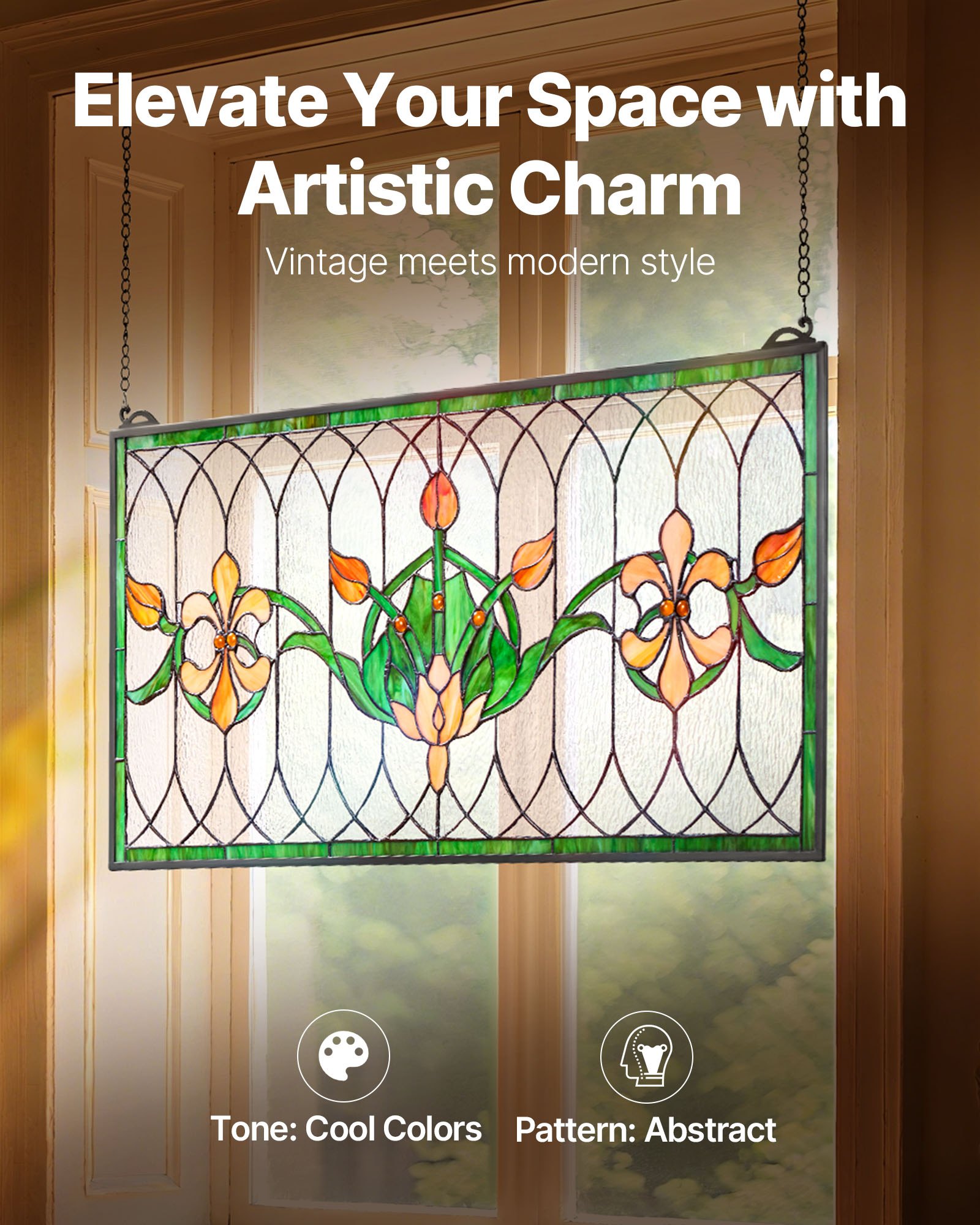 VEVOR Pannello per Finestra in Vetro Colorato 810 x 433 mm Decorazione per Finestre in Vetro Colorato Rettangolare Orizzontale con Catena, Artigianato Tradizionale Vintage per Decorazione della Casa