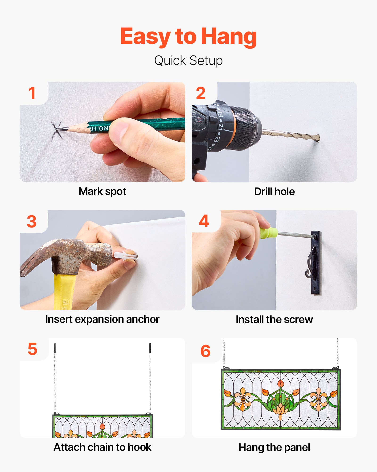 VEVOR Pannello per Finestra in Vetro Colorato 810 x 433 mm Decorazione per Finestre in Vetro Colorato Rettangolare Orizzontale con Catena, Artigianato Tradizionale Vintage per Decorazione della Casa