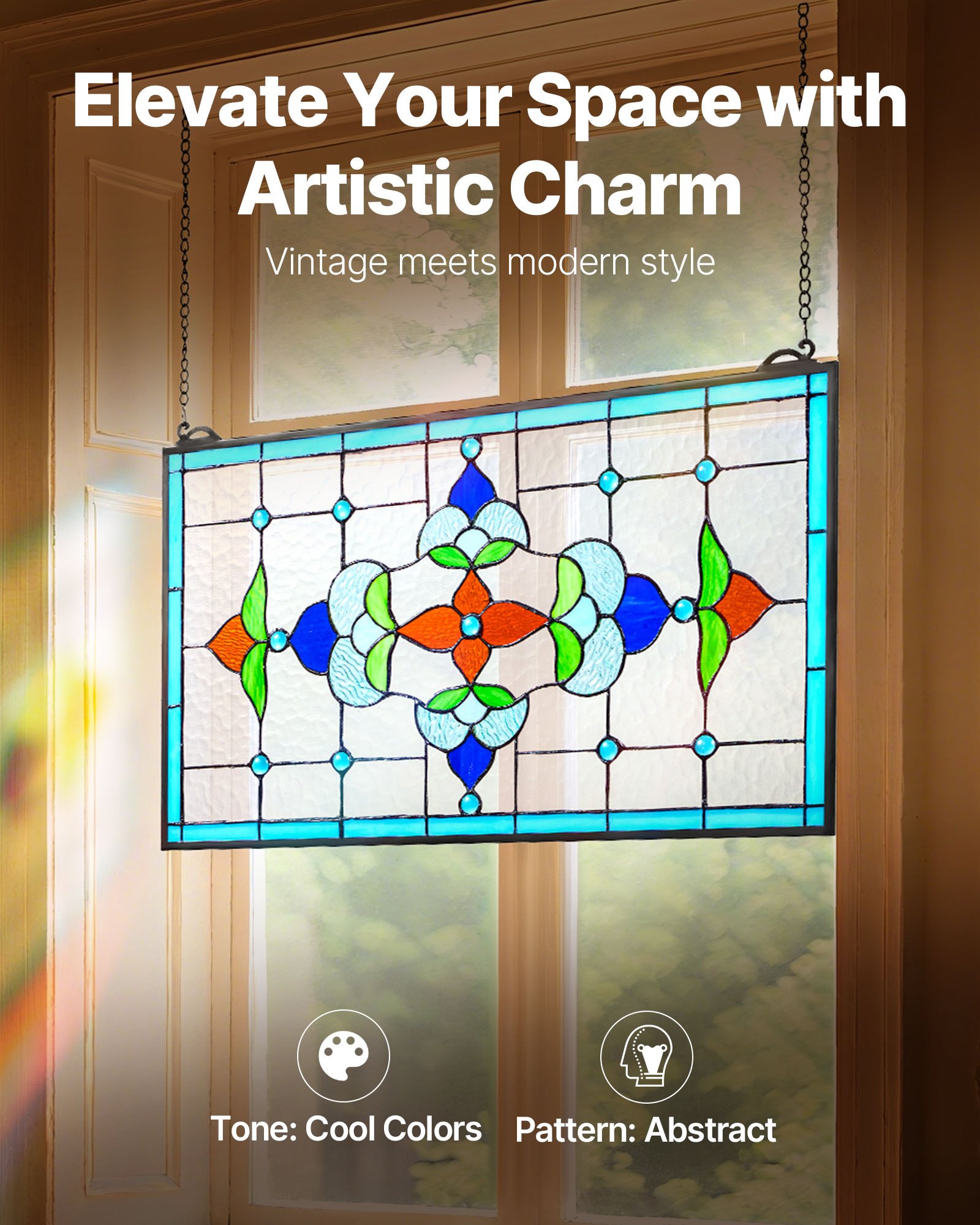 VEVOR Stained Glass Window Panel, 664 x 402 mm, Tiffany Style Hanging Transom Window Panel with Chain, Large Horizontal Rectangle Stain Glass, Vintage Traditional Art Handcrafts for Kitchen Home Decor