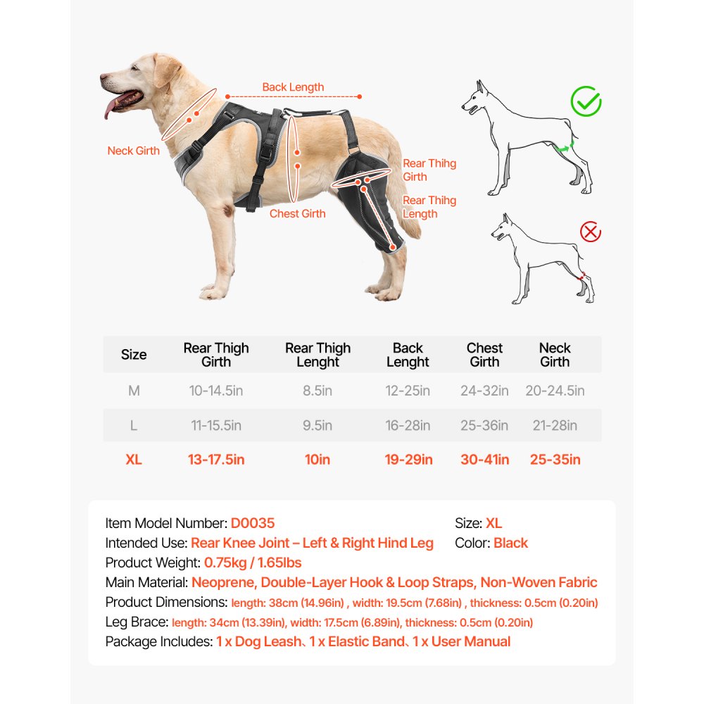 VEVOR Tutore per Ginocchio di Cani per Legamento Crociato Anteriore Strappato, Tutore per Zampe di Cani con Stabilizzatore a Cerniera Regolabile, per Zampa Posteriore Destra Sinistra, Taglia XL, Nero