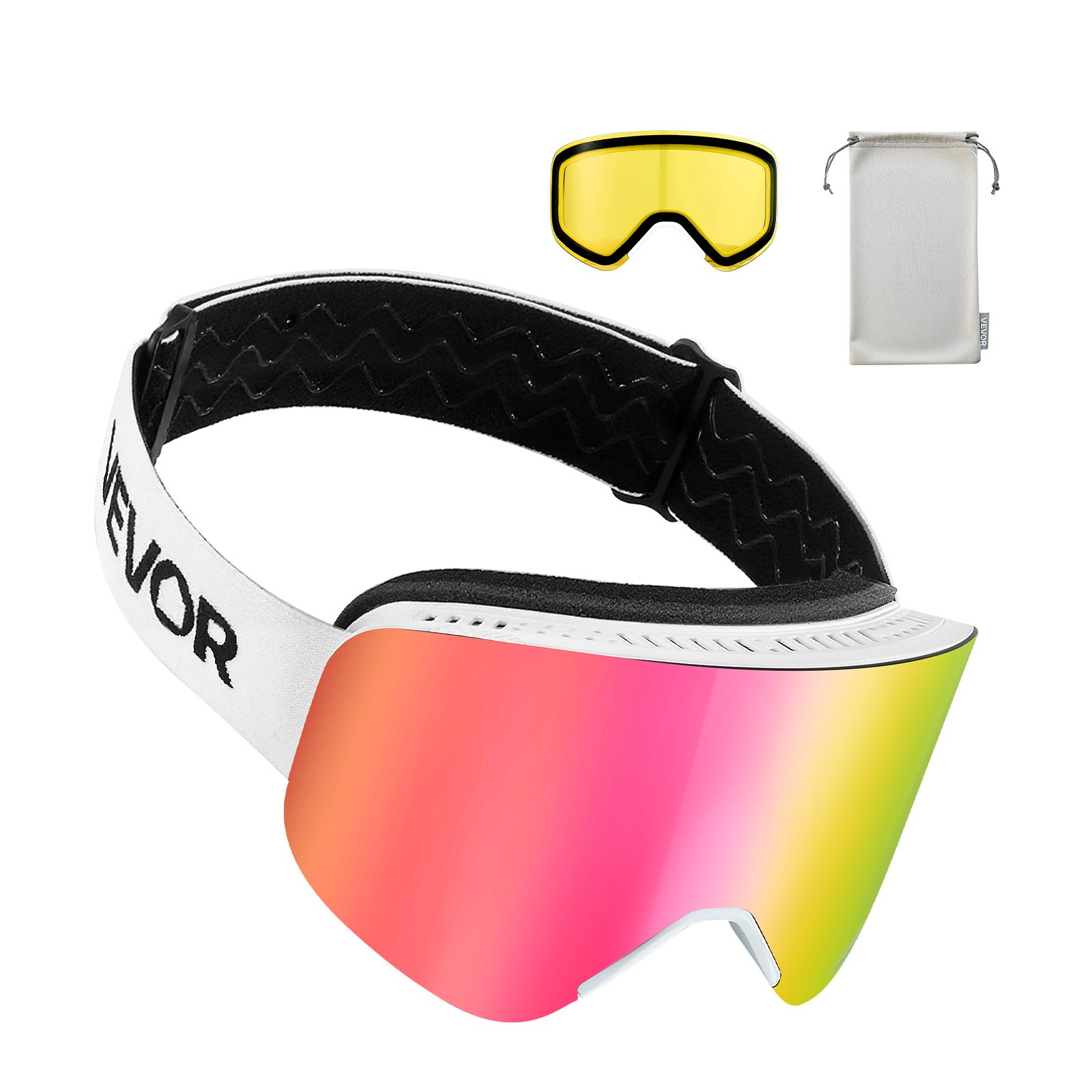 VEVOR Occhiali da Sci Maschera da Sci Revo Coating Rosa, 0,27kg, Occhiali da Snowboard, Lenti Cilindriche Magnetiche, Montatura OTG, Antiappannamento, Maschera da Neve per Motocross
