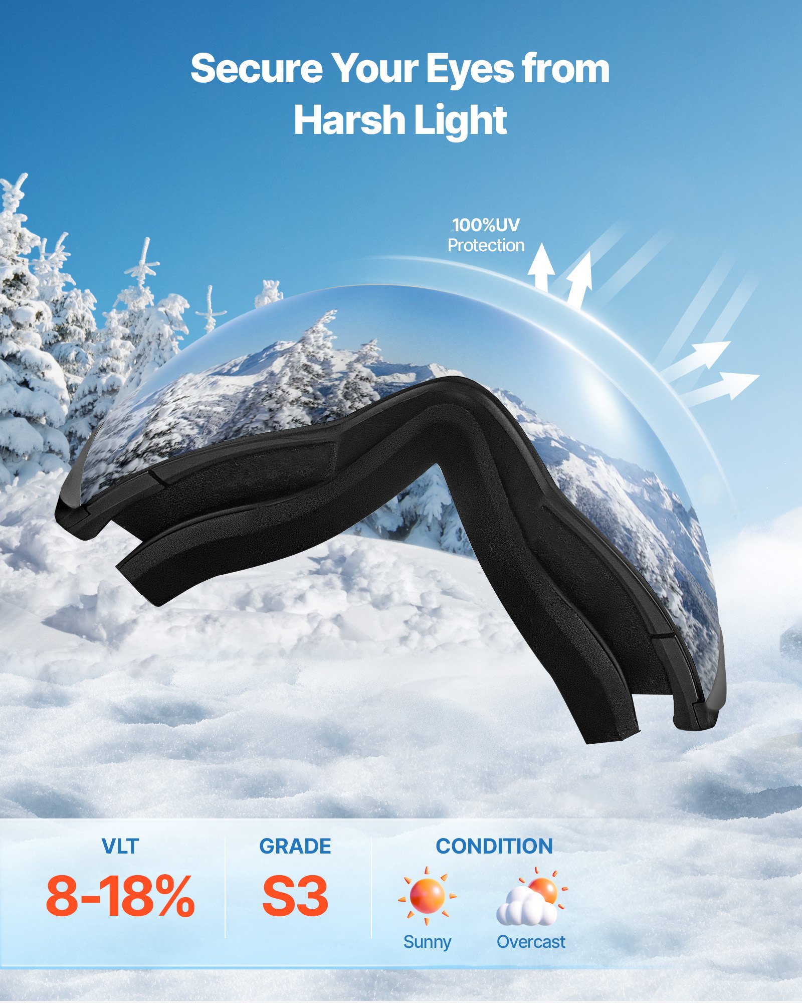 VEVOR Occhiali da Sci Maschera da Sci, Occhiali da Snowboard, Lenti Sferiche con Rivestimento Revo Blu, Antiappannamento, Montatura OTG, Maschera da Neve per Motocross