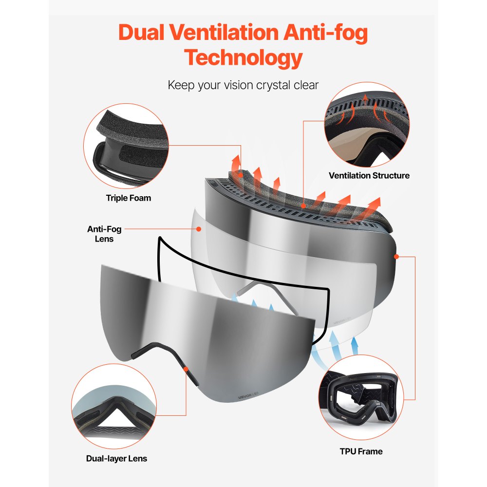 VEVOR Occhiali da Sci Maschera da Sci Revo Rivestimento Argentato, Montatura OTG, 0,28kg, Occhiali da Snowboard, Lenti Cilindriche Magnetiche, Antiappannamento, per Motocross da Neve