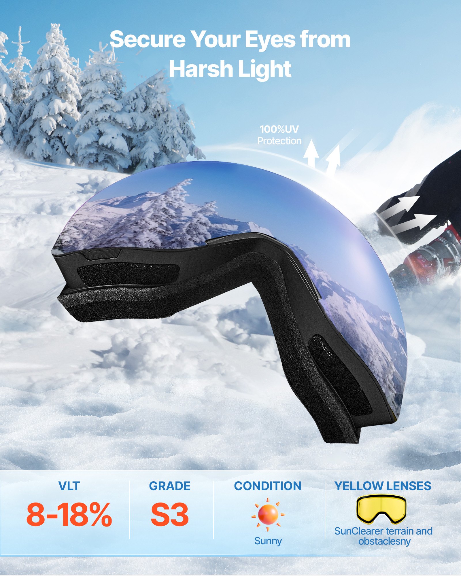 VEVOR Occhiali da Sci Maschera da Sci Revo Rivestimento Blu Scuro, Montatura OTG, 0,28kg, Occhiali da Snowboard, Lenti Cilindriche Magnetiche, Antiappannamento, per Motocross da Neve