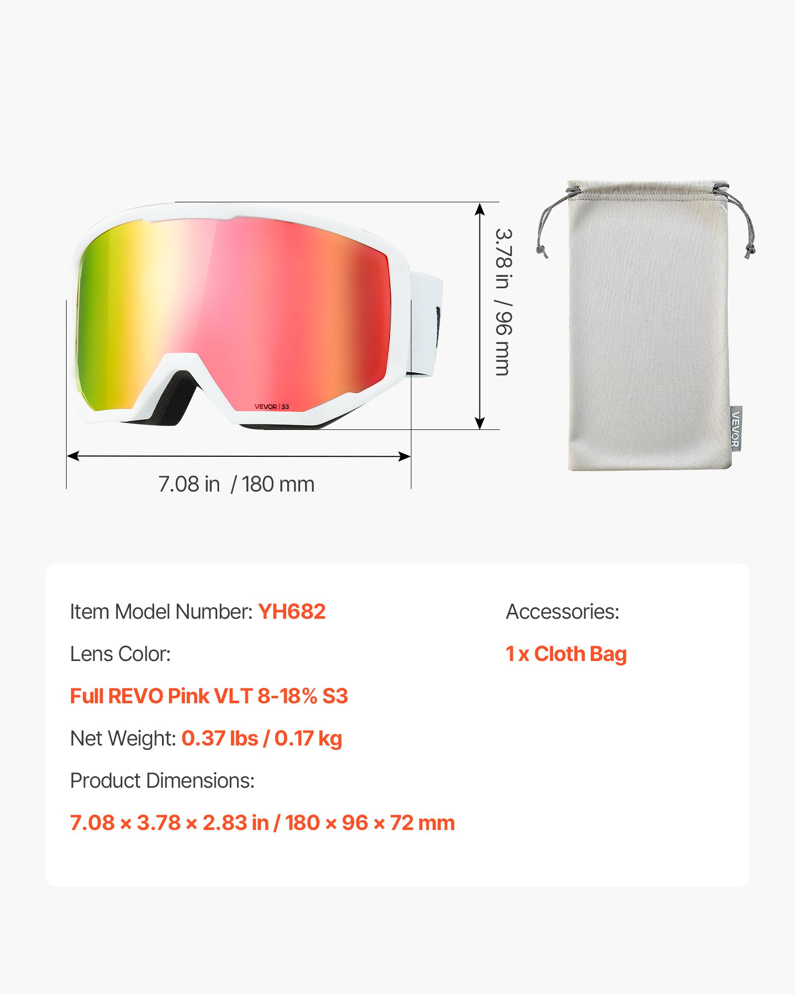 VEVOR Occhiali da Sci Maschera da Neve Revo Rivestimento Rosa Montatura OTG, Occhiali da Snowboard, TPU, Antiappannamento, Schiuma Strato Triplo, Maschera da Motoslitta, Motocross