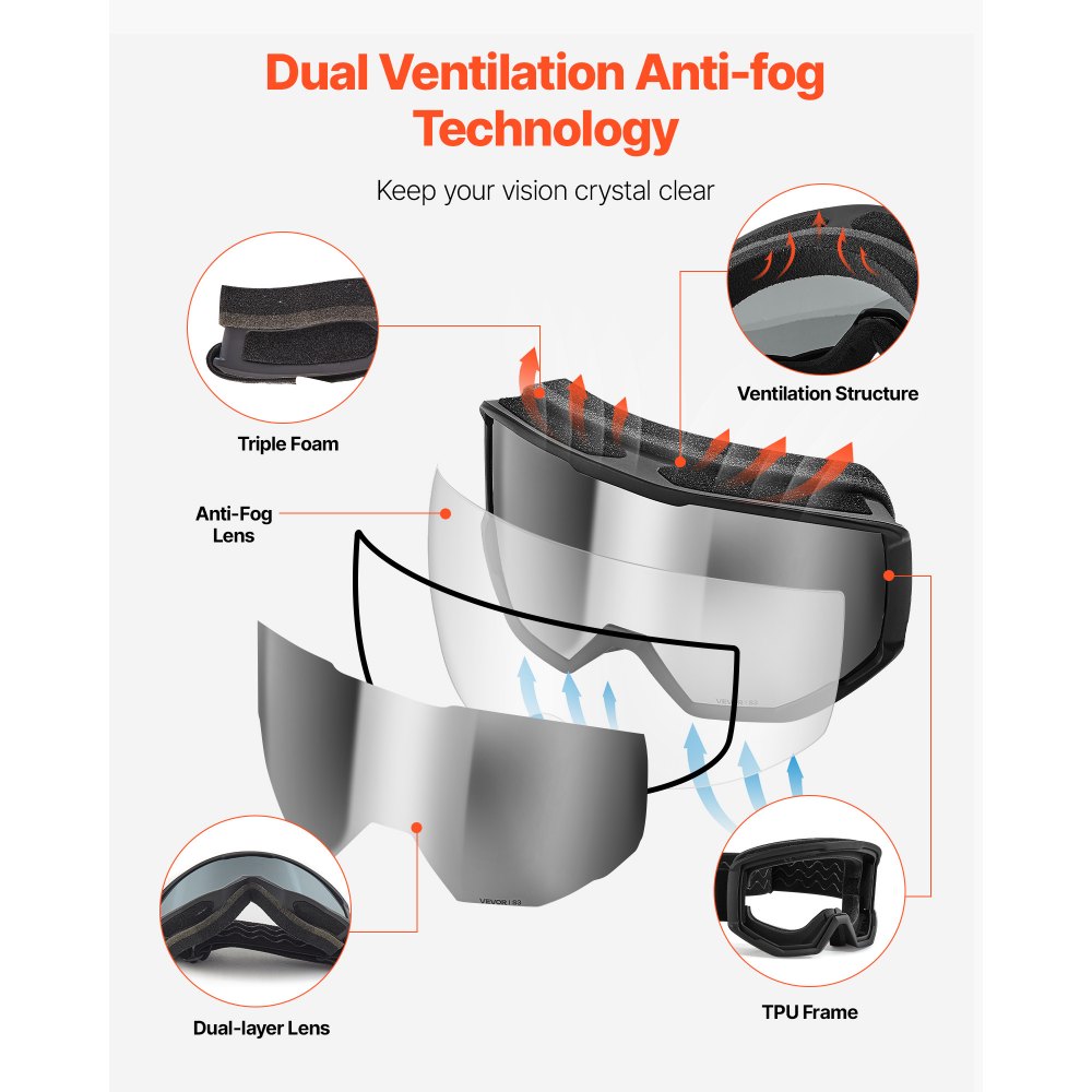 VEVOR Occhiali da Sci Maschera da Neve Revo Rivestimento Argento Montatura OTG, Occhiali da Snowboard, TPU, Antiappannamento, Schiuma Strato Triplo, Maschera da Motoslitta, Motocross