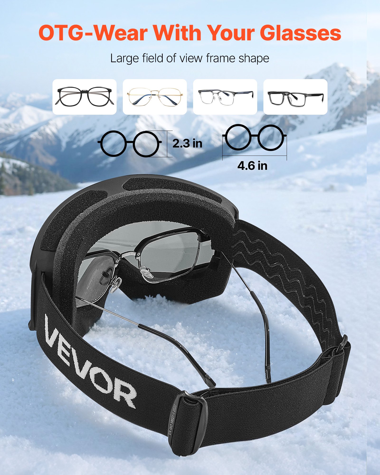 VEVOR Occhiali da Sci Maschera da Neve Revo Rivestimento Argento Montatura OTG, Occhiali da Snowboard, TPU, Antiappannamento, Schiuma Strato Triplo, Maschera da Motoslitta, Motocross