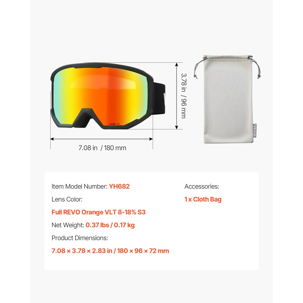 VEVOR Occhiali da Sci Maschera da Neve Revo Rivestimento Arancione Montatura OTG, Occhiali da Snowboard, TPU, Doppia Ventilazione Antiappannamento, Maschera da Motoslitta, Motocross