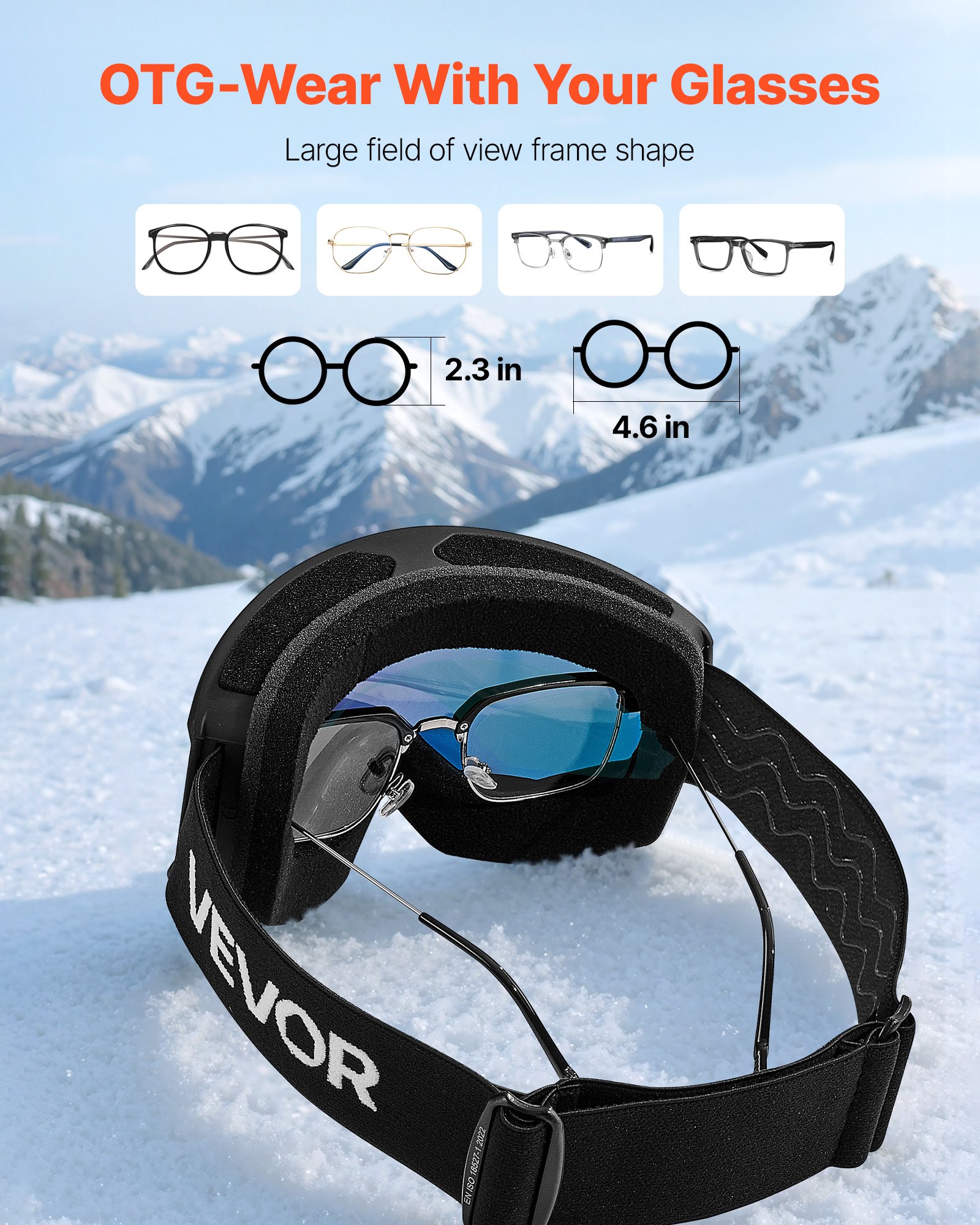 VEVOR Occhiali da Sci Maschera da Neve Revo Rivestimento Arancione Montatura OTG, Occhiali da Snowboard, TPU, Doppia Ventilazione Antiappannamento, Maschera da Motoslitta, Motocross